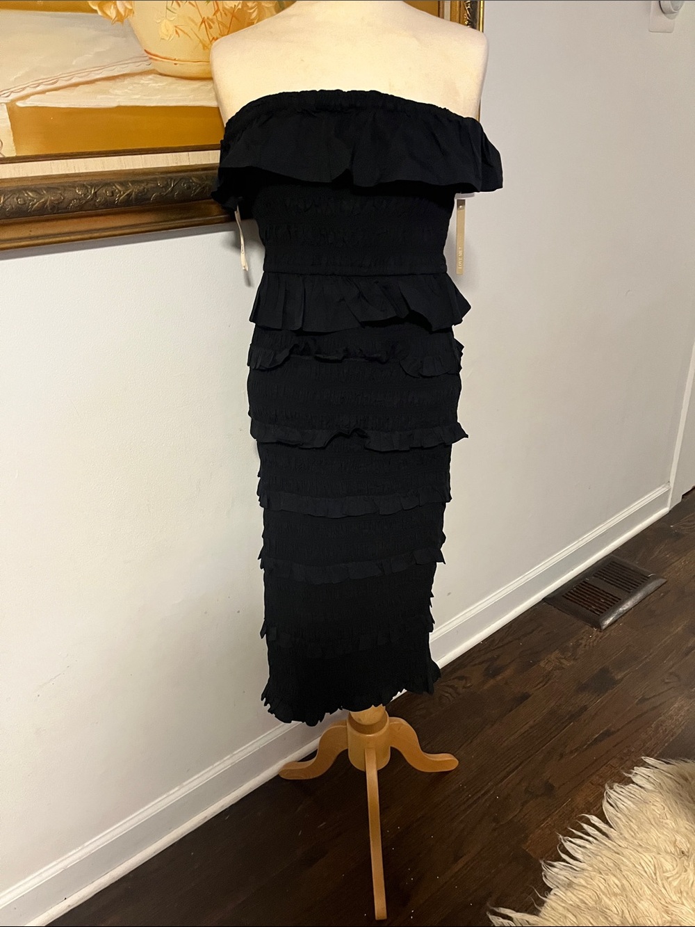 Cleobella Black Strapless Ruffled Midi Dress